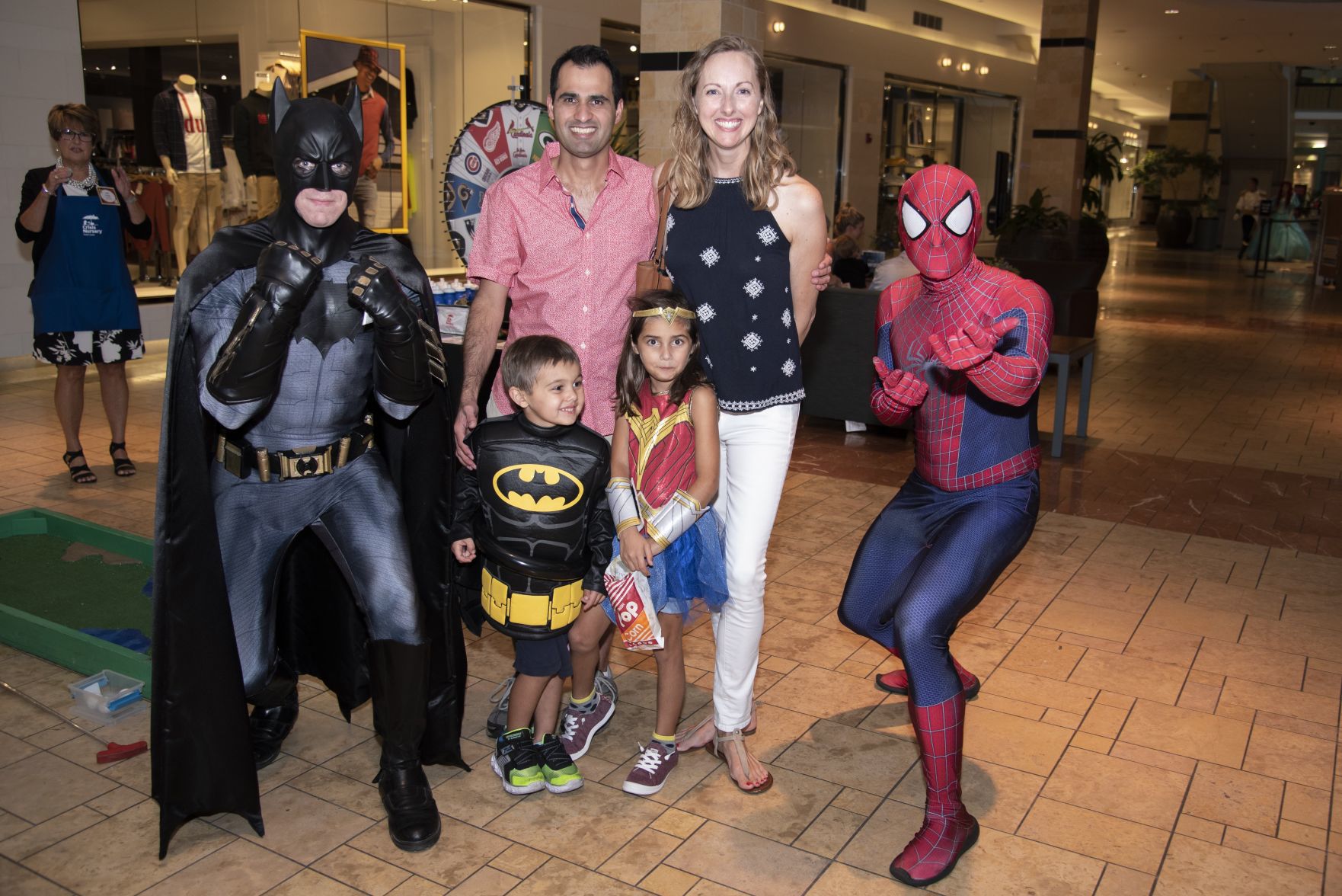Batman, Sameer, Ciara, Max, and Serena Samana, Spider-Man